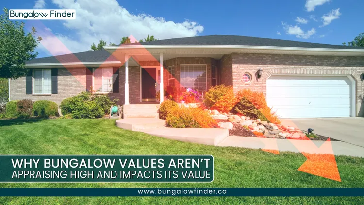 Brick bungalow exterior with lawn and clear sky, shown with downward arrows to illustrate why bungalow appraisal values often come in low value Brick bungalow exterior with lawn and clear sky, shown with downward arrows to illustrate why bungalow appraisal values often come in low value